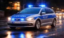 Fahrendes Polizeiauto mit eingeschaltetem Blaulicht auf regennasser Straße in der Dämmerung in einer deutschen Stadt