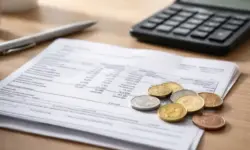 Geöffnete Gehaltsabrechnung mit Euromünzen und Taschenrechner auf einem Schreibtisch, symbolisch für Nettoverdienst, Steuern und Sozialabgaben 2026.