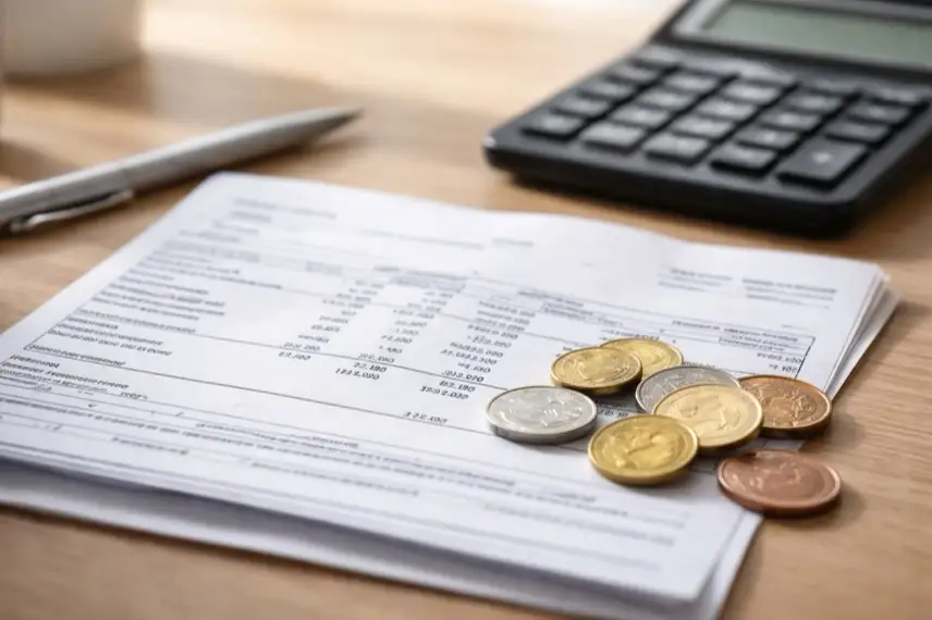 Geöffnete Gehaltsabrechnung mit Euromünzen und Taschenrechner auf einem Schreibtisch, symbolisch für Nettoverdienst, Steuern und Sozialabgaben 2026.