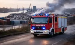 Fahrendes Feuerwehrfahrzeug mit Blaulicht im Industrie- und Hafengebiet, Rauch im Hintergrund nach Brand im Krefelder Hafen.