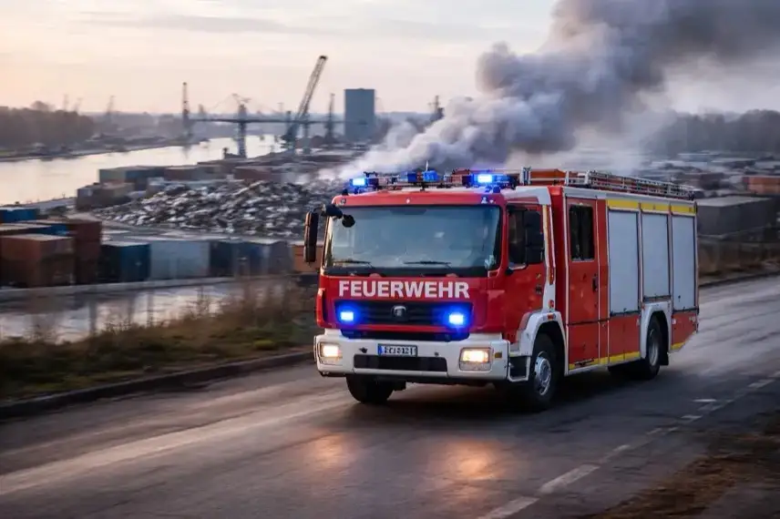 Fahrendes Feuerwehrfahrzeug mit Blaulicht im Industrie- und Hafengebiet, Rauch im Hintergrund nach Brand im Krefelder Hafen.
