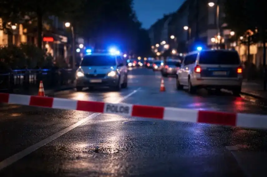 Abgesperrte Straße in der Gießener Innenstadt mit Polizeifahrzeugen und Blaulicht nach einem Schusswaffenvorfall am Marktplatz.
