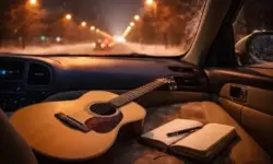 Nächtliche Winterstraße mit Straßenlichtern, Blick aus einem Auto, auf dem Beifahrersitz liegt eine akustische Gitarre neben einem Notizbuch.