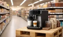 Moderner Kaffeevollautomat auf Aktionspalette in einem Supermarktgang, neutral beleuchtet, ohne Menschen oder Beschriftungen.