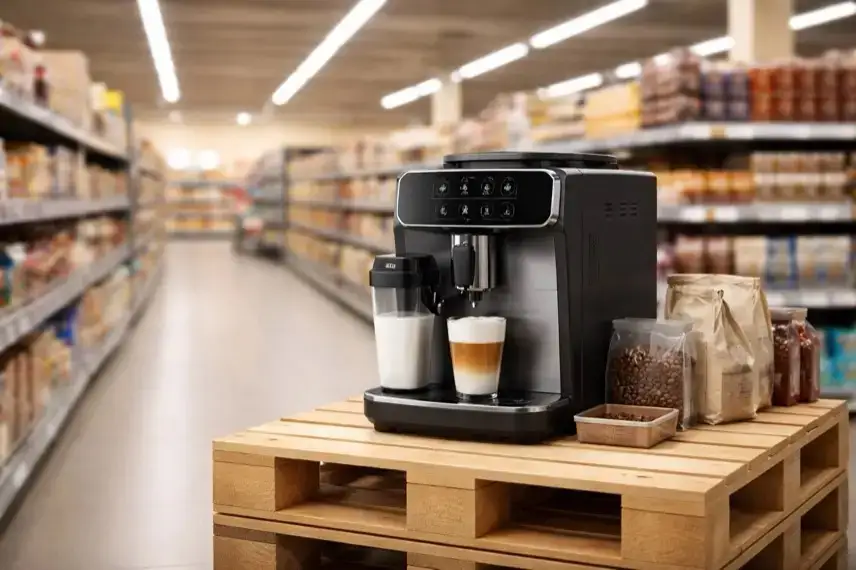 Moderner Kaffeevollautomat auf Aktionspalette in einem Supermarktgang, neutral beleuchtet, ohne Menschen oder Beschriftungen.
