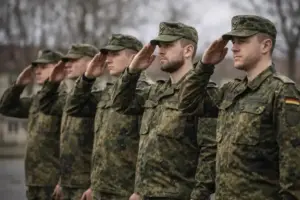 Fünf Bundeswehrsoldaten in Flecktarn-Uniform stehen in einer Reihe im Freien und salutieren synchron bei einer militärischen Zeremonie
