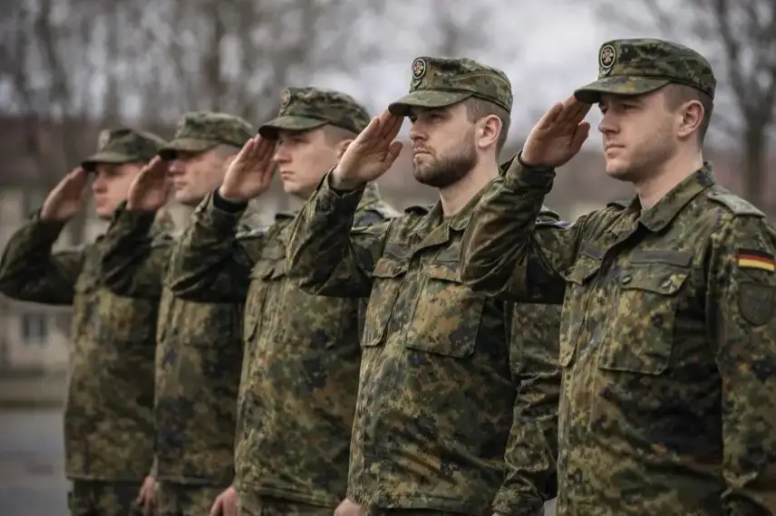 Fünf Bundeswehrsoldaten in Flecktarn-Uniform stehen in einer Reihe im Freien und salutieren synchron bei einer militärischen Zeremonie