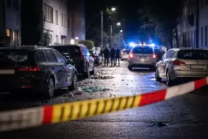 Abgesperrte Wohnstraße in Köln-Porz bei Nacht mit beschädigten Autos und Blaulicht nach einer Explosion und Polizeieinsatz.