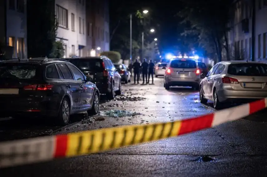 Abgesperrte Wohnstraße in Köln-Porz bei Nacht mit beschädigten Autos und Blaulicht nach einer Explosion und Polizeieinsatz.