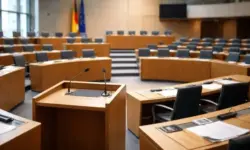 Leerer Plenarsaal eines deutschen Landesparlaments mit Rednerpult und Sitzreihen, aufgenommen in ruhiger Atmosphäre, Thema CDU und AfD Debatte