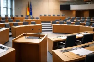 Leerer Plenarsaal eines deutschen Landesparlaments mit Rednerpult und Sitzreihen, aufgenommen in ruhiger Atmosphäre, Thema CDU und AfD Debatte