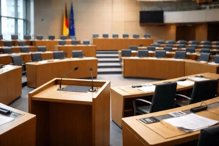 Leerer Plenarsaal eines deutschen Landesparlaments mit Rednerpult und Sitzreihen, aufgenommen in ruhiger Atmosphäre, Thema CDU und AfD Debatte