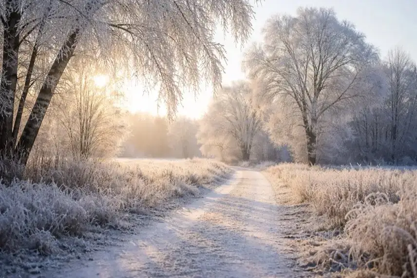 Frostige Winterlandschaft mit Raureif auf Bäumen und klarer Luft bei tief stehender Sonne während kalter Weihnachtstage in Deutschland.