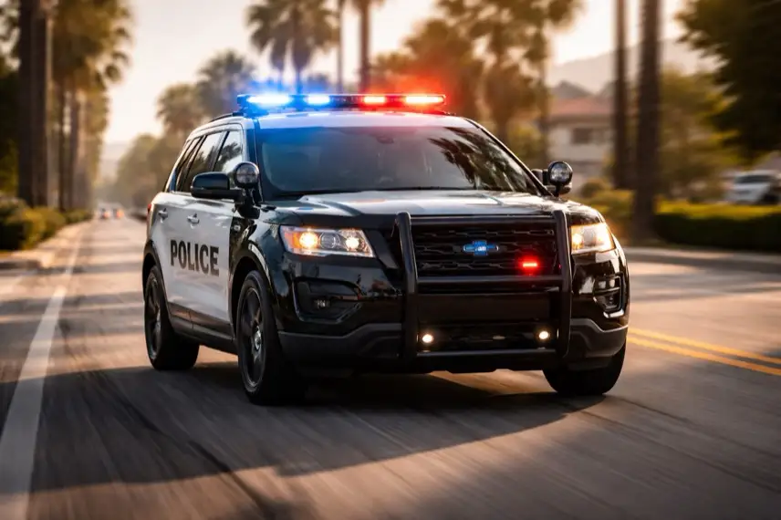 Fahrendes amerikanisches Polizeiauto mit eingeschaltetem Blaulicht auf einer Straße in Kalifornien, aufgenommen bei Tageslicht.