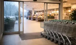 Supermarkt-Eingang mit Einkaufswagen an einem winterlichen Vormittag am Heiligabend, kurz vor Ladenschluss im Lebensmitteleinzelhandel.