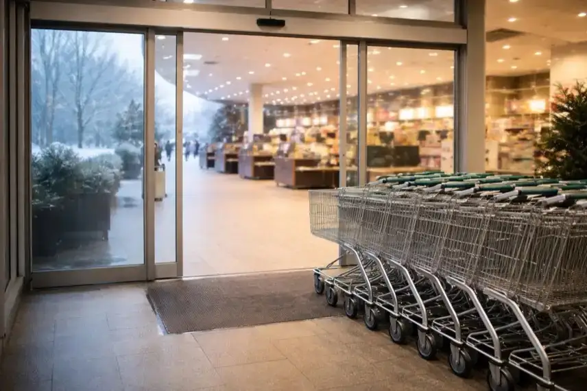 Supermarkt-Eingang mit Einkaufswagen an einem winterlichen Vormittag am Heiligabend, kurz vor Ladenschluss im Lebensmitteleinzelhandel.