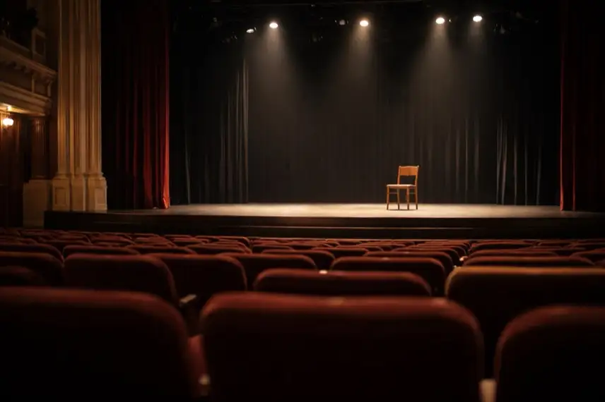 Leerer Theaterraum mit Bühne und gedimmtem Licht, symbolisch für das Lebenswerk des Schauspielers Uwe Kockisch