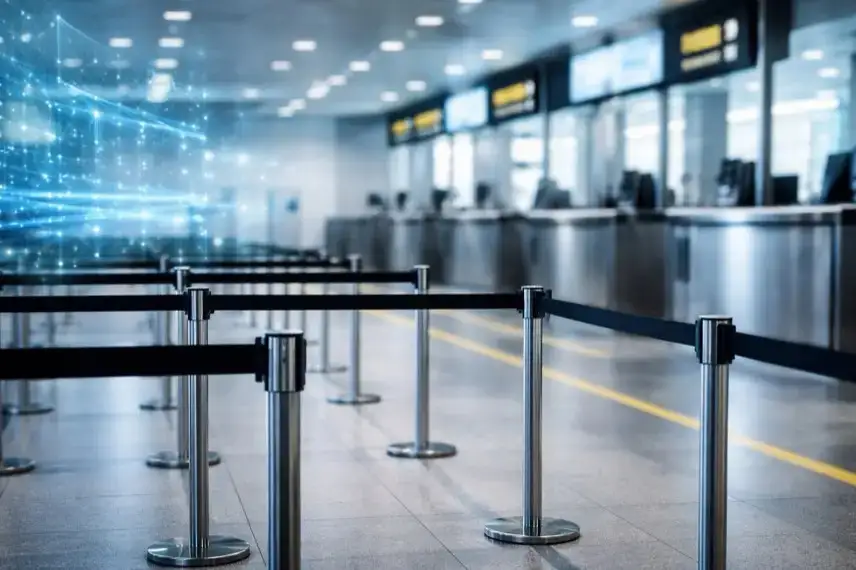 Anonymer Flughafen-Kontrollbereich mit Absperrungen und abstrakten digitalen Strukturen im Hintergrund, Sinnbild für Einreiseverbote und digitale Regulierung.