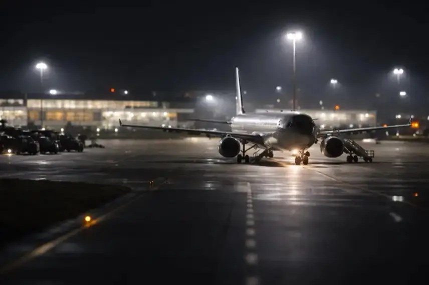 Passagierflugzeug steht nachts auf einem beleuchteten Flughafen-Rollfeld, leere Startbahn im Vordergrund, Terminallichter im Hintergrund