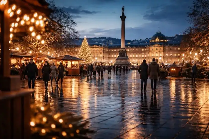 Beleuchteter Platz in Stuttgart bei winterlicher Dämmerung mit Lichtern, reflektierendem Boden und urbaner Architektur
