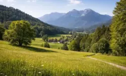 Grüne Wiesen und sanfte Hügel im südlichen Bayern nahe München mit Alpenpanorama im Hintergrund bei klarem Tageslicht