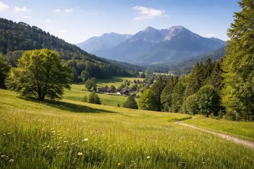 Grüne Wiesen und sanfte Hügel im südlichen Bayern nahe München mit Alpenpanorama im Hintergrund bei klarem Tageslicht