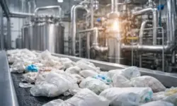 Industrielle Anlage mit abstrahierten Abfallmaterialien und technischen Rohrleitungen als Darstellung von Windelrecycling durch Gasifizierung