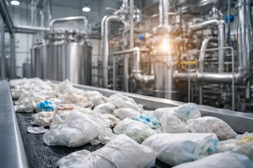 Industrielle Anlage mit abstrahierten Abfallmaterialien und technischen Rohrleitungen als Darstellung von Windelrecycling durch Gasifizierung