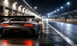 GT-Rennwagen auf beleuchteter Rennstrecke bei Nacht mit Boxengasse im Hintergrund, Symbol für internationalen GT-Sport und Teamwechsel 2026.