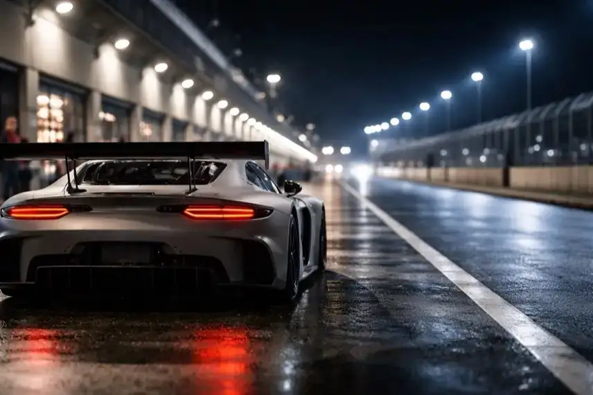 GT-Rennwagen auf beleuchteter Rennstrecke bei Nacht mit Boxengasse im Hintergrund, Symbol für internationalen GT-Sport und Teamwechsel 2026.