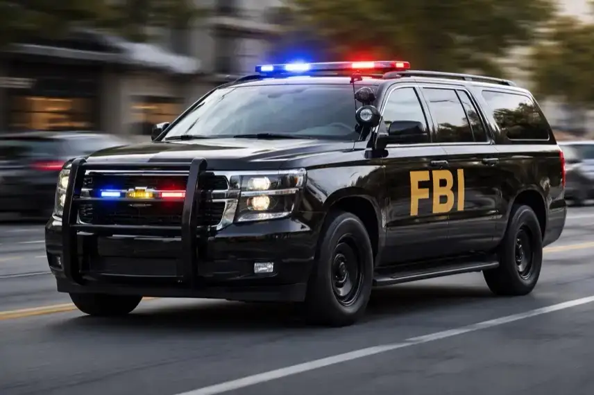 Schwarzes FBI-SUV mit eingeschaltetem Blaulicht fährt durch eine städtische Straße, Einsatzfahrzeug der US-Bundespolizei in Bewegung.