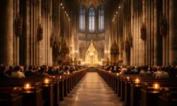 Innenraum des Kölner Doms mit hohen Säulen, Kerzenlicht und einer einzelnen unscharfen Person im Mittelgang während eines Gottesdienstes