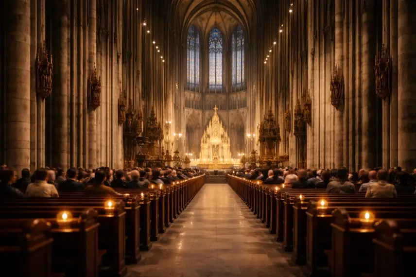 Innenraum des Kölner Doms mit hohen Säulen, Kerzenlicht und einer einzelnen unscharfen Person im Mittelgang während eines Gottesdienstes