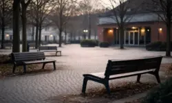 Verlassener öffentlicher Platz mit Sitzbänken und kahlen Bäumen in einer deutschen Stadt, Symbol für sozialen Rückzug und Einsamkeit