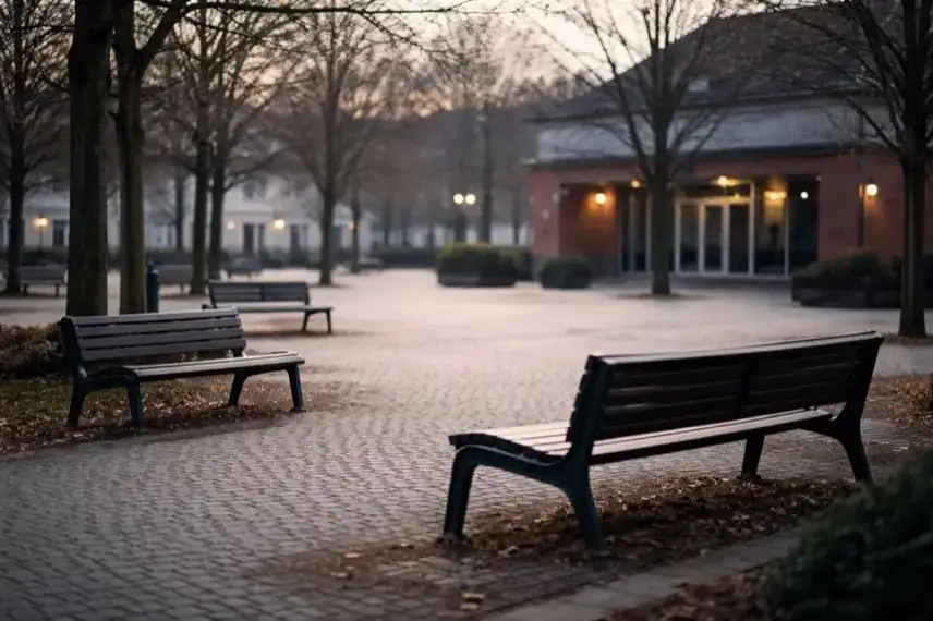 Verlassener öffentlicher Platz mit Sitzbänken und kahlen Bäumen in einer deutschen Stadt, Symbol für sozialen Rückzug und Einsamkeit