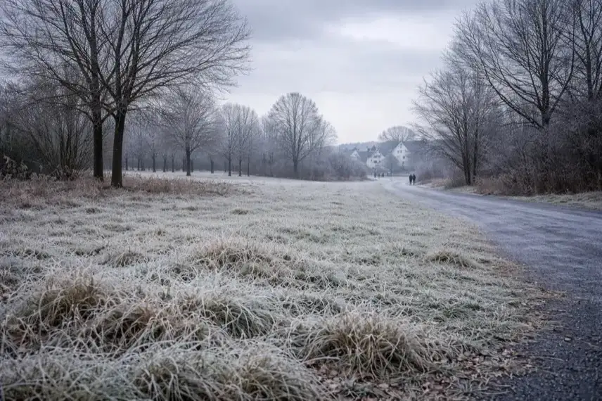 Frostige Winterlandschaft in Deutschland ohne Schneedecke, grauer Himmel, kahle Bäume und Raureif bei kalten Temperaturen.