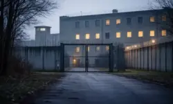 Außenansicht einer Justizvollzugsanstalt mit verschlossenem Tor und beleuchteten Fenstern am frühen Morgen in winterlicher Umgebung.