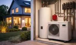 Wohngebäude mit moderner Heiztechnik und Wärmepumpe im Heizungsraum, neutrale Darstellung zur Reform des Heizungsgesetzes