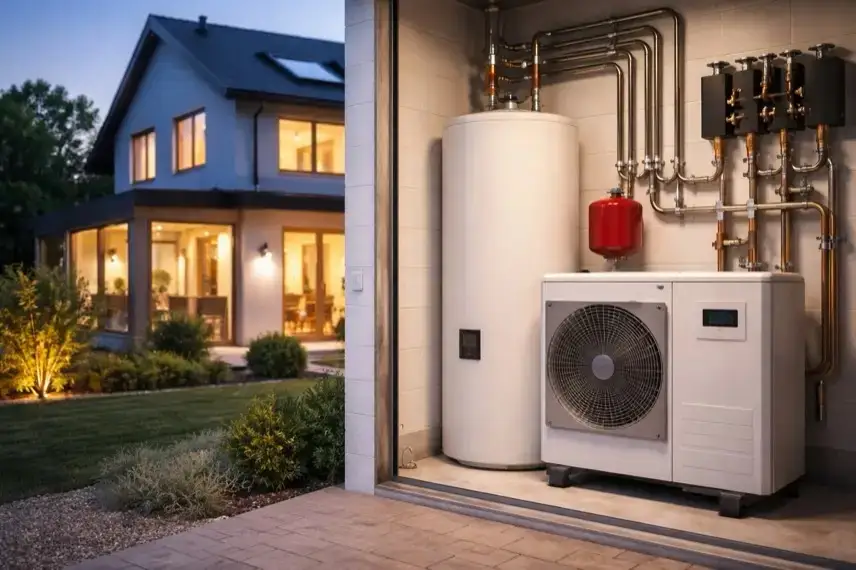 Wohngebäude mit moderner Heiztechnik und Wärmepumpe im Heizungsraum, neutrale Darstellung zur Reform des Heizungsgesetzes