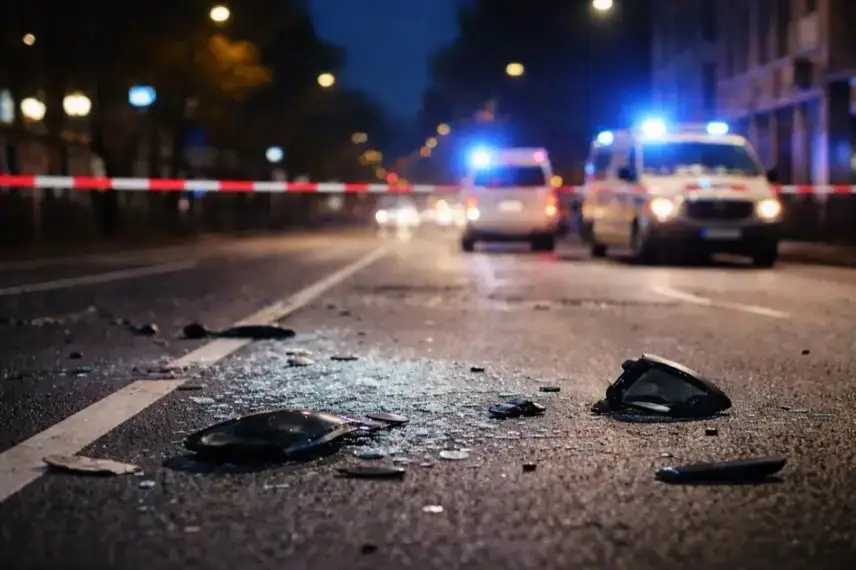 Abgesperrte Straße mit beschädigten Autos und Trümmern nach einem Verkehrsunfall in der Gießener Innenstadt