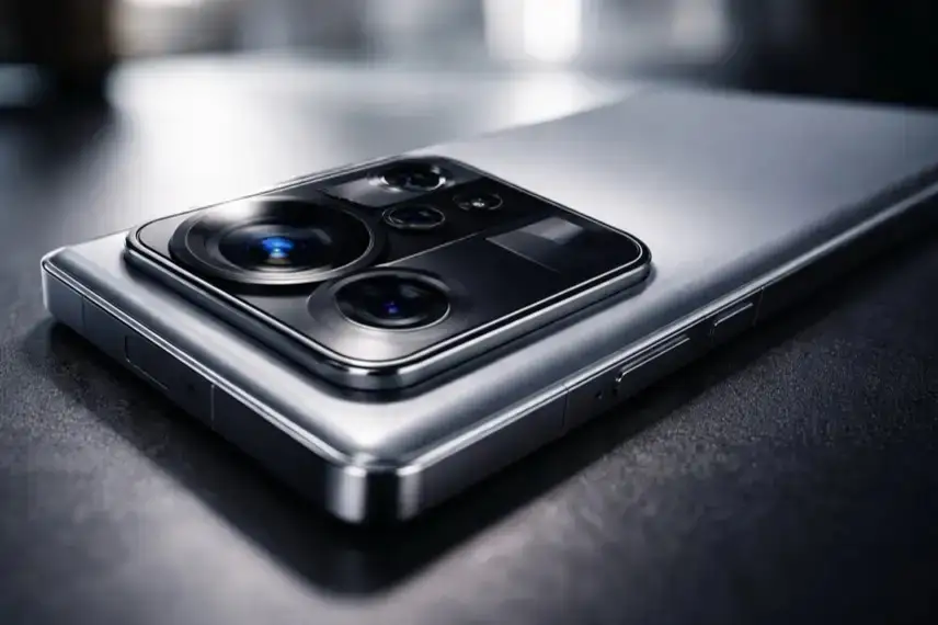 Modernes Smartphone mit großem Kameramodul und mehreren Objektiven auf dunklem Hintergrund, Fokus auf Telekamera und Smartphone-Fotografie