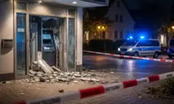 Beschädigter Geldautomatenraum mit Absperrband und Polizeifahrzeugen bei Nacht nach einer Explosion in Bayern