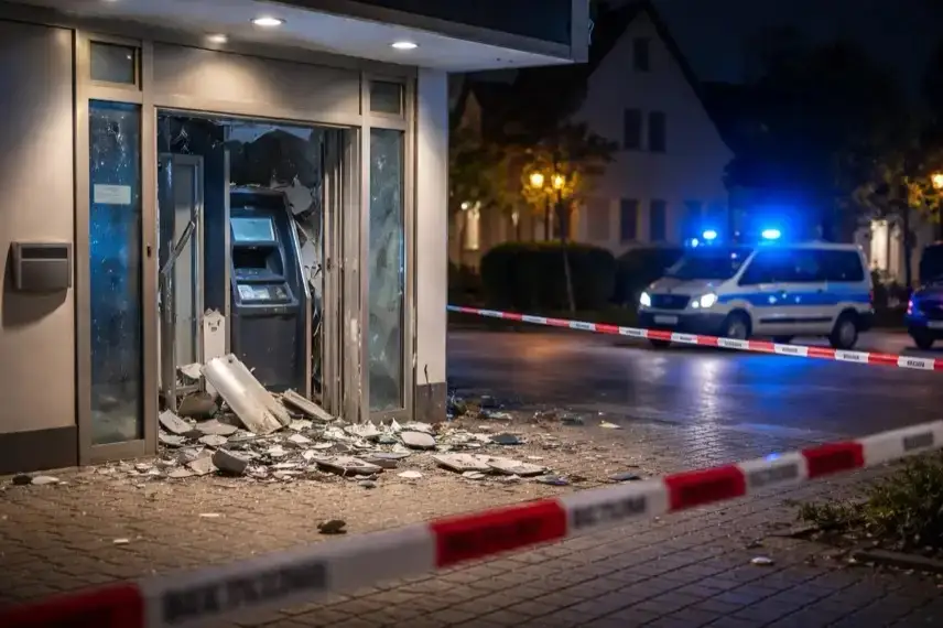 Beschädigter Geldautomatenraum mit Absperrband und Polizeifahrzeugen bei Nacht nach einer Explosion in Bayern