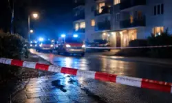 Absperrband und Polizeiblaulicht vor einem Mehrfamilienhaus in Berlin bei einem nächtlichen Polizeieinsatz in Hellersdorf