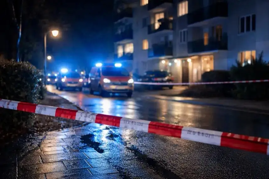 Absperrband und Polizeiblaulicht vor einem Mehrfamilienhaus in Berlin bei einem nächtlichen Polizeieinsatz in Hellersdorf