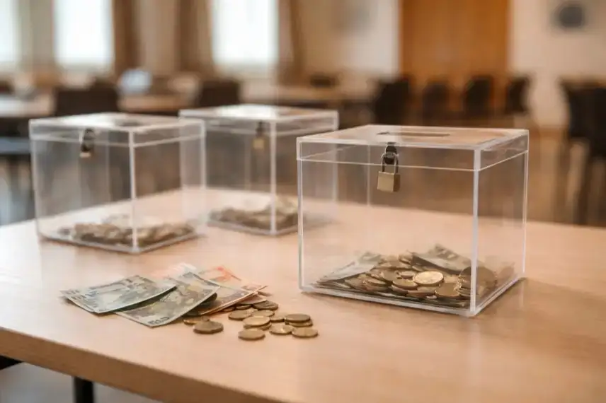 Leere Sammelboxen mit wenigen Geldscheinen auf einem Tisch in einem ruhigen Raum, symbolisch für rückläufige Spenden in Deutschland.