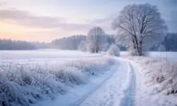 Verschneite Landschaft mit gefrorenem Boden und kahlen Bäumen bei winterlichem Wetter in Deutschland