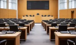 Leerer Landtagssaal mit Sitzreihen und Abstimmungsanlage vor den Landtagswahlen 2026 in Sachsen-Anhalt