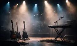 Leere Konzertbühne mit Gitarrenständern und Keyboard im gedämpften Licht, symbolisch für den Tod von Perry Bamonte von The Cure.