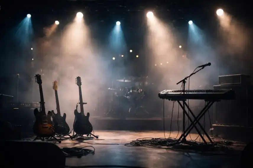 Leere Konzertbühne mit Gitarrenständern und Keyboard im gedämpften Licht, symbolisch für den Tod von Perry Bamonte von The Cure.